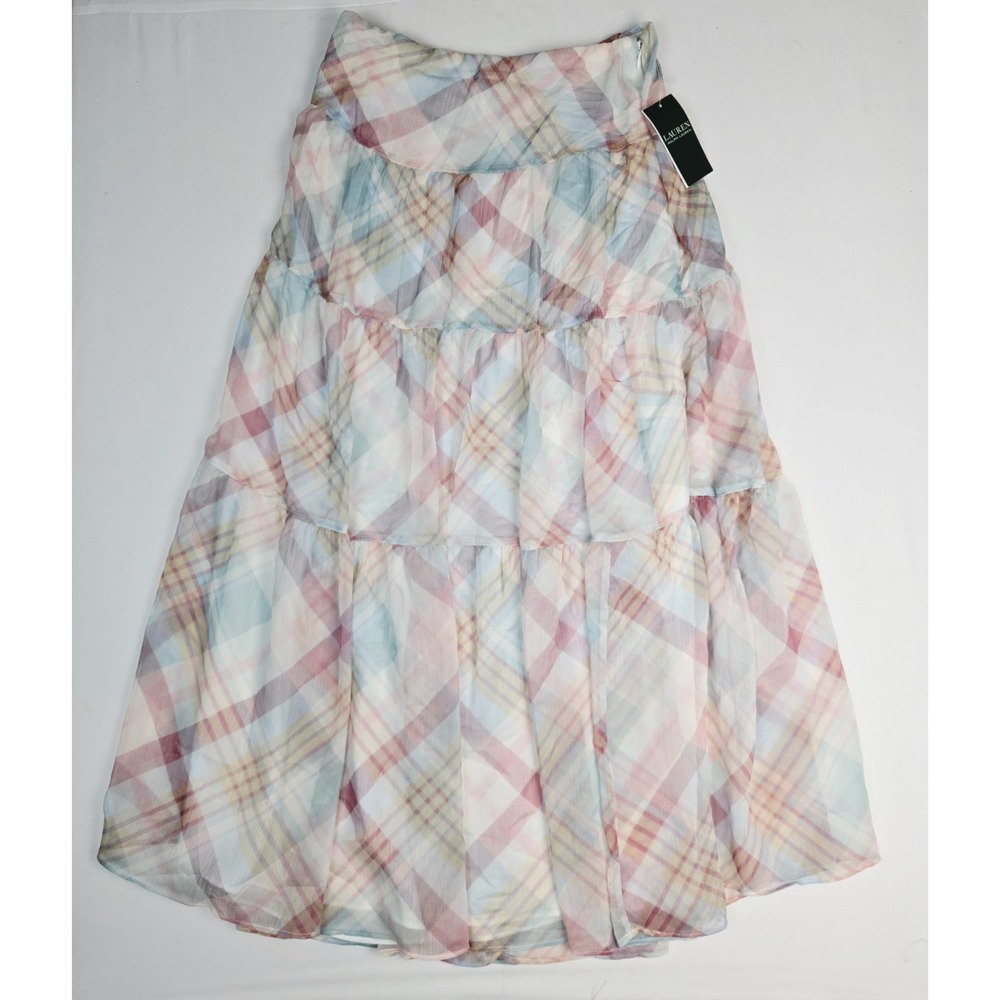 Lauren Ralph Lauren NWT Womens flowy long skirt pink blue checkered size 2
